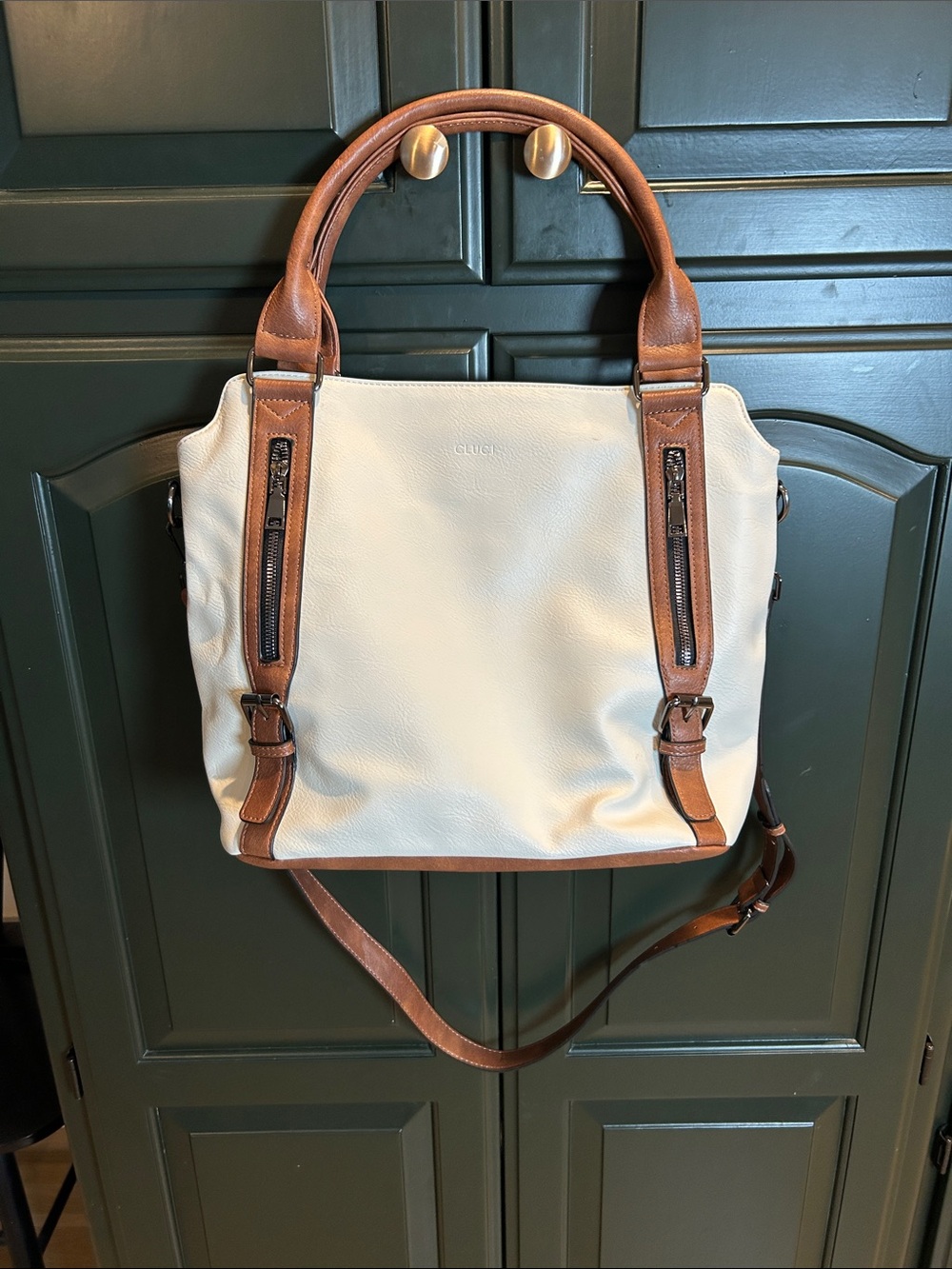 Cream and Brown Leather Tote Bag